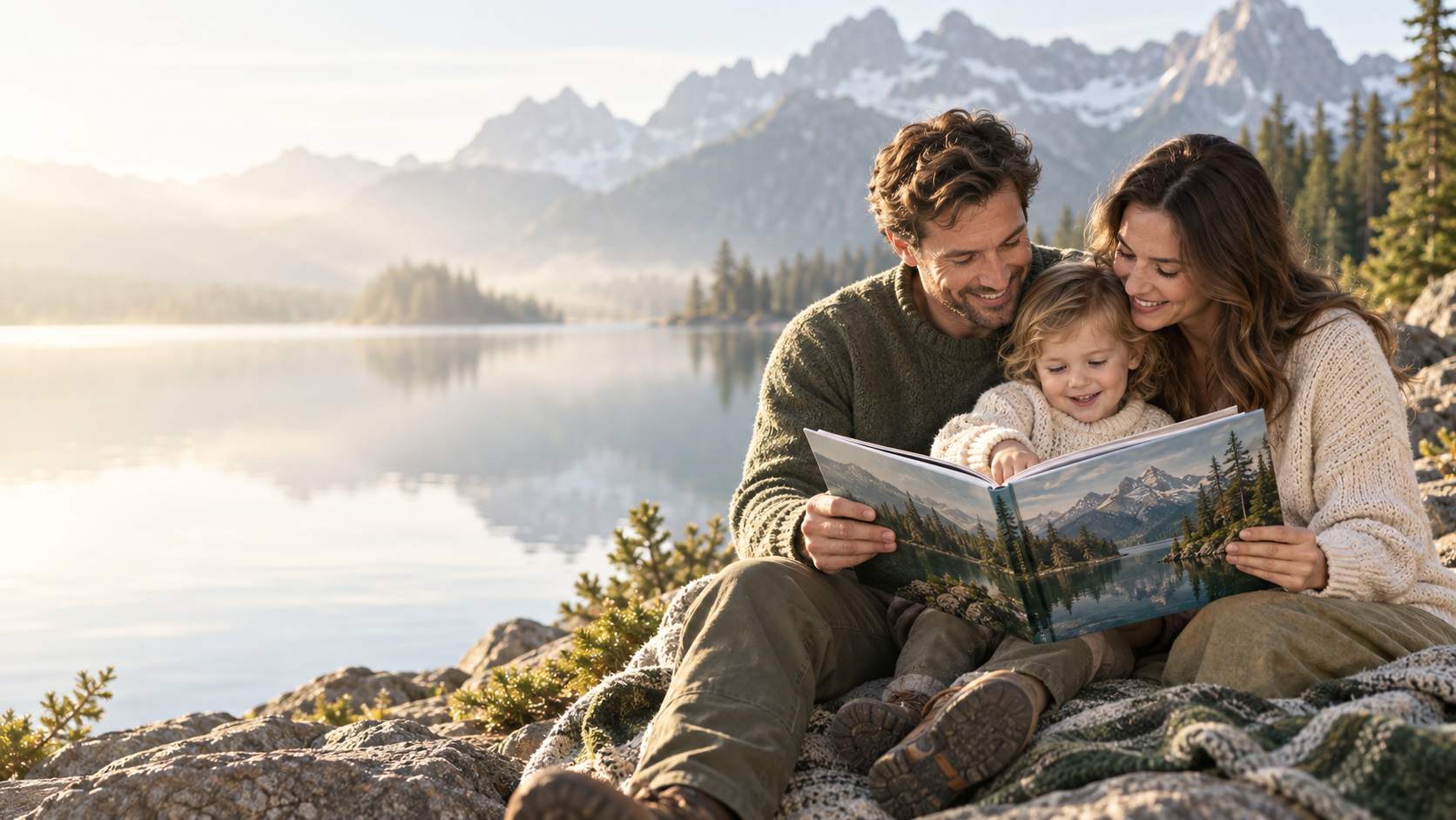 A family reading a book beside a mountain lake