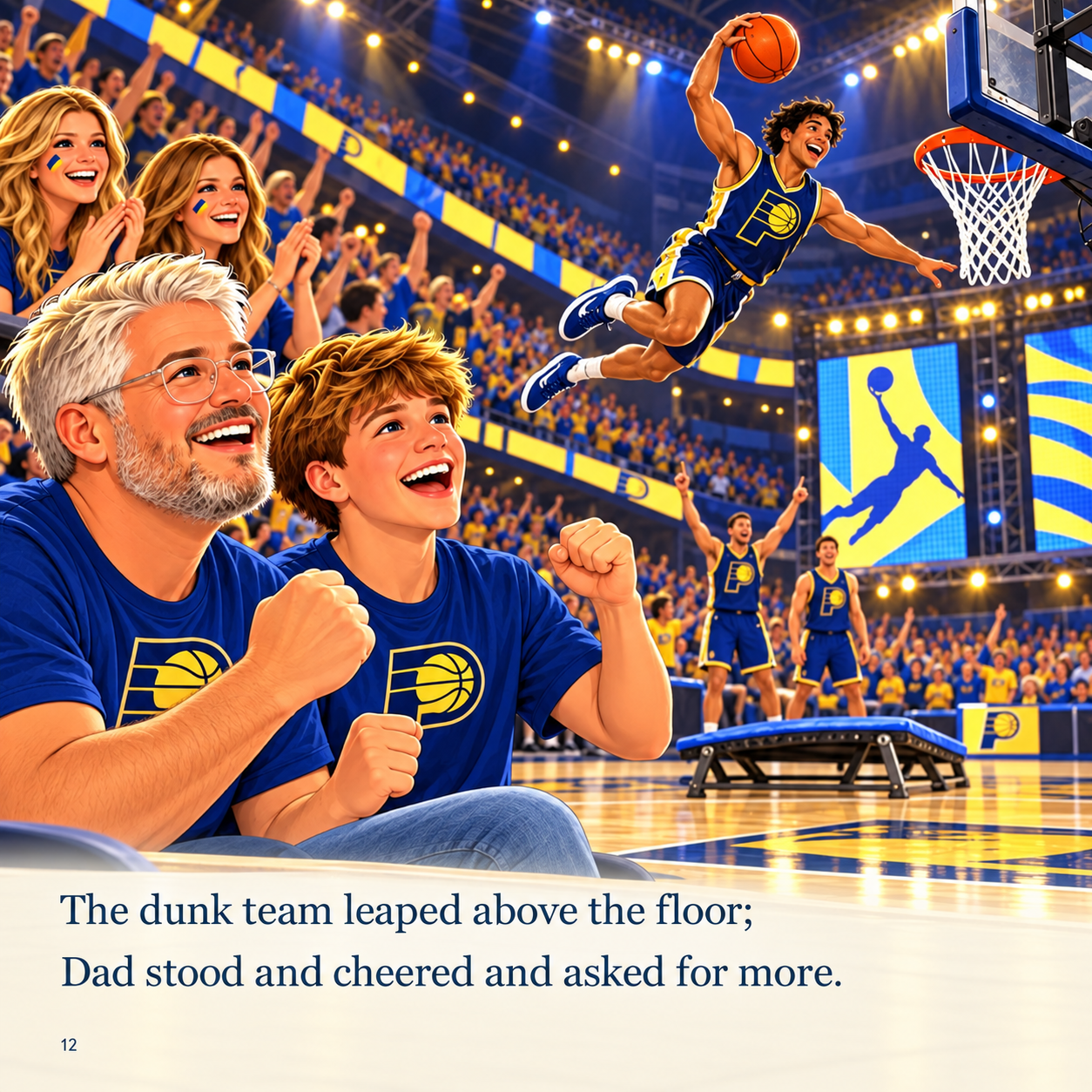 Cartoon illustration sample of a family watching a basketball dunk